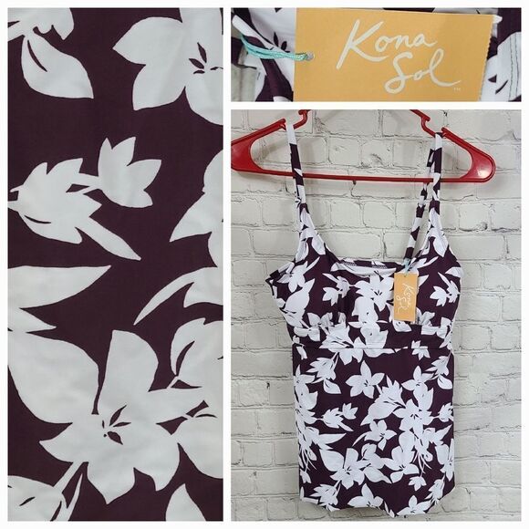 NWT Kona Sol Women's Scoop Neck Adjustable Padded Tankini Top Burgundy Floral - Picture 5 of 10